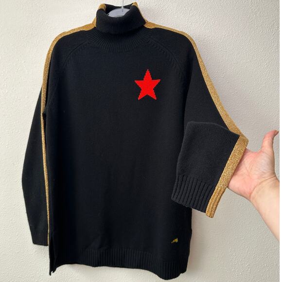 NWT Bella Freud Billie Jean Metallic Gold Stripe Turtleneck Sweater Black M - Picture 1 of 16